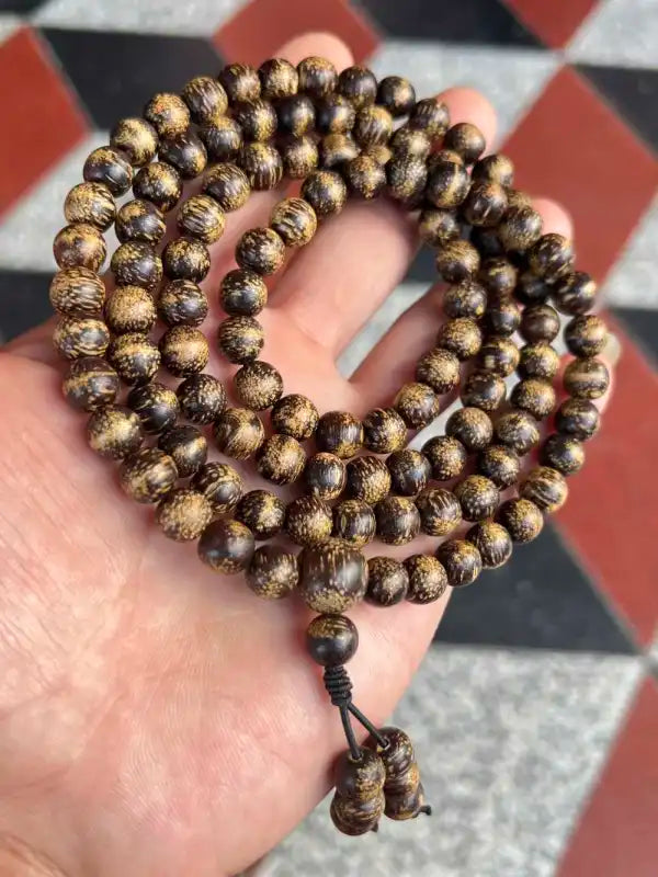 Hainan Huangqi Wild Agarwood Mala Bracelet | 108 Beads 8mm | Natural Oud Wood Prayer Beads | Free Shipping