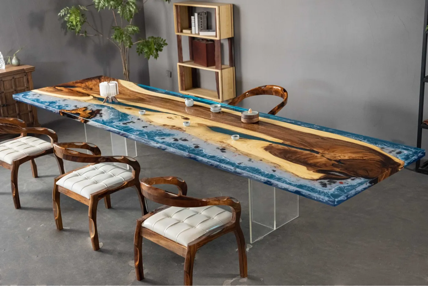 Luxury Walnut Wood & Ocean Resin River Dining Table - 400cm Extra Large Conference Table for Home & Office