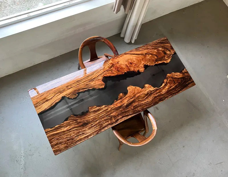 Wujin Wood Black Epoxy River Dining Table | Live Edge Slab Table