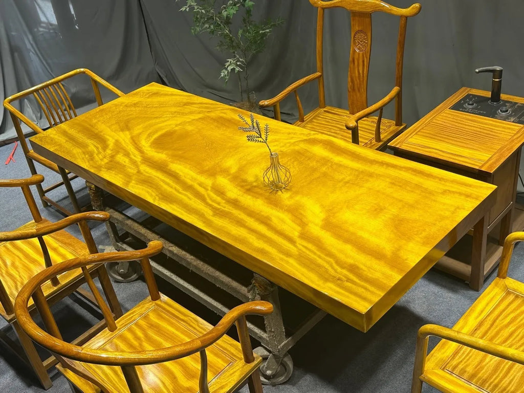 Golden-Thread Phoebe (Jin-si Nanmu) Live-Edge Slab Tea Table(suitable for tea ceremonies, dining, or coffee) — Solid Wood, Stainless Steel Base Included