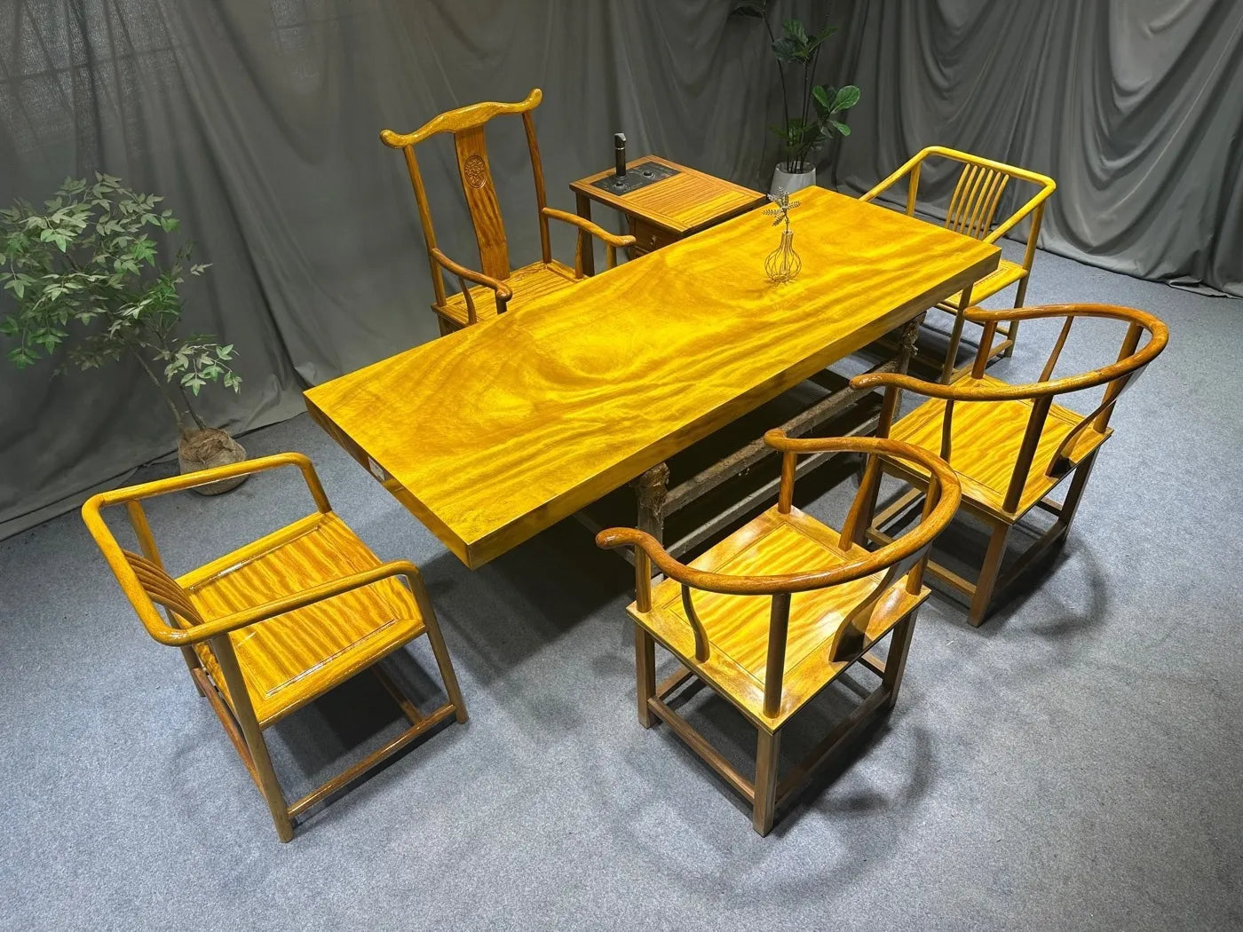 Golden-Thread Phoebe (Jin-si Nanmu) Live-Edge Slab Tea Table(suitable for tea ceremonies, dining, or coffee) — Solid Wood, Stainless Steel Base Included