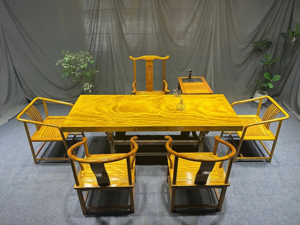 Golden-thread Nanmu Solid Golden Nanmu wood table (suitable for tea ceremonies, dining, or coffee) — crafted from solid wood and featuring a stainless steel base.