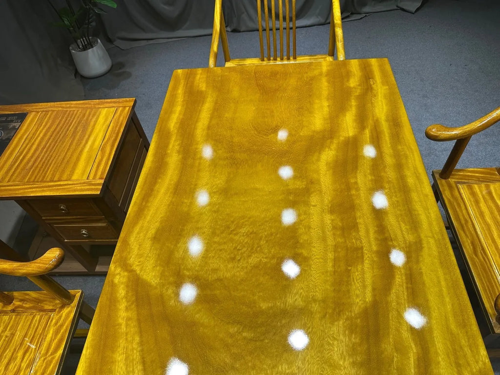 Golden-thread Nanmu Solid Golden Nanmu wood table (suitable for tea ceremonies, dining, or coffee) — crafted from solid wood and featuring a stainless steel base.