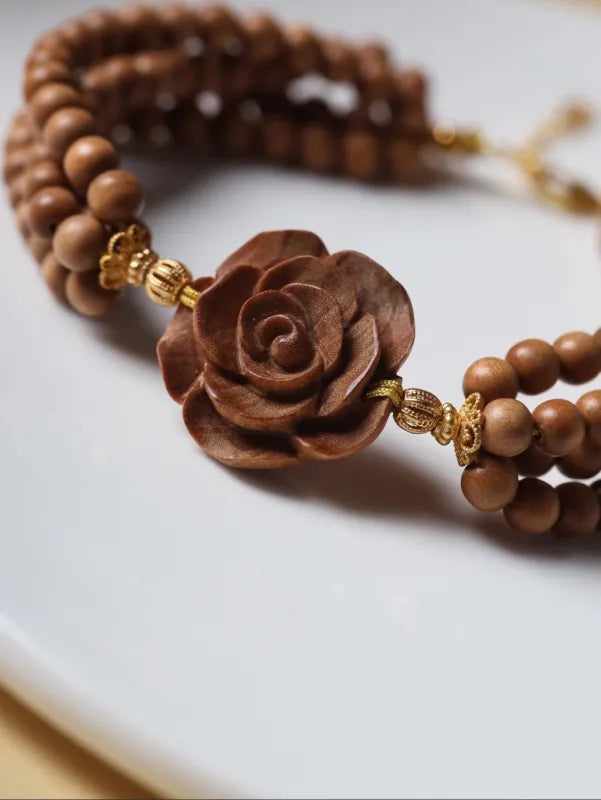 Sandalwood Rose Bracelet – Triple Strand Natural Wood Bead Bracelet with Carved Rose