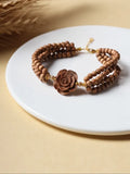 Sandalwood Rose Bracelet – Triple Strand Natural Wood Bead Bracelet with Carved Rose
