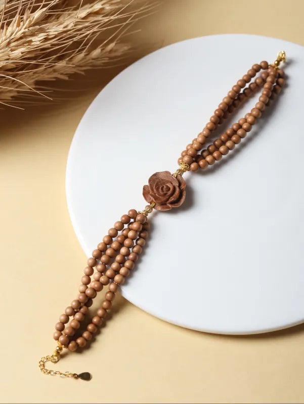 Sandalwood Rose Bracelet – Triple Strand Natural Wood Bead Bracelet with Carved Rose