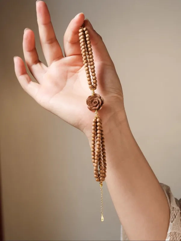 Sandalwood Rose Bracelet – Triple Strand Natural Wood Bead Bracelet with Carved Rose