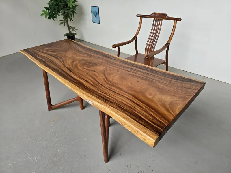 Live Edge South American Walnut Slab Table | 200×70-75cm | Natural Edge Solid Wood Dining Table | Free Stainless Steel Base Included