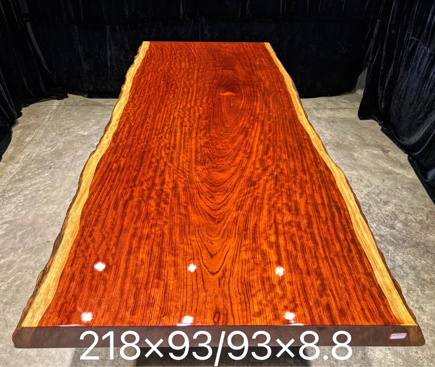Bubinga live edge solid wood slab dining table 218x93cm with natural edge and high-gloss finish