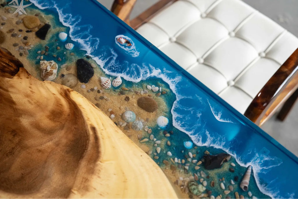 Luxury Walnut Wood & Ocean Beach Resin Coffee Table - 120cm Handcrafted Live Edge Epoxy Desk for Compact Living Room & Studio
