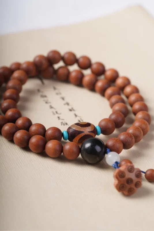 Sandalwood Mala Bracelet 36 Beads | Dzi Bead & Lotus Pod Charm | Wisdom, Protection & Blessing