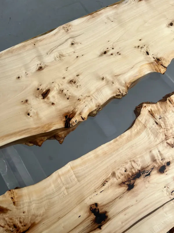 240cm Poplar Burl Epoxy River Table | Ultra-Clear Transparent Resin Dining Table | 6-8 Seater Live Edge Executive Desk