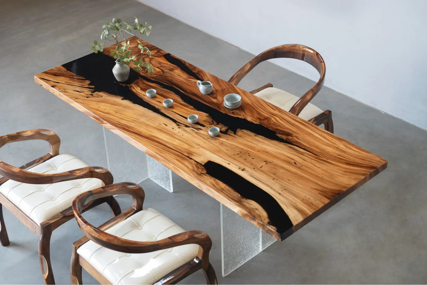 Artisan Walnut & Black Resin River Dining Table - 210cm Live Edge Solid Wood Conference Table