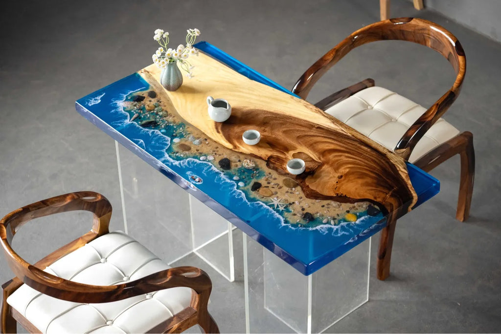 Luxury Walnut Wood & Ocean Beach Resin Coffee Table - 120cm Handcrafted Live Edge Epoxy Desk for Compact Living Room & Studio