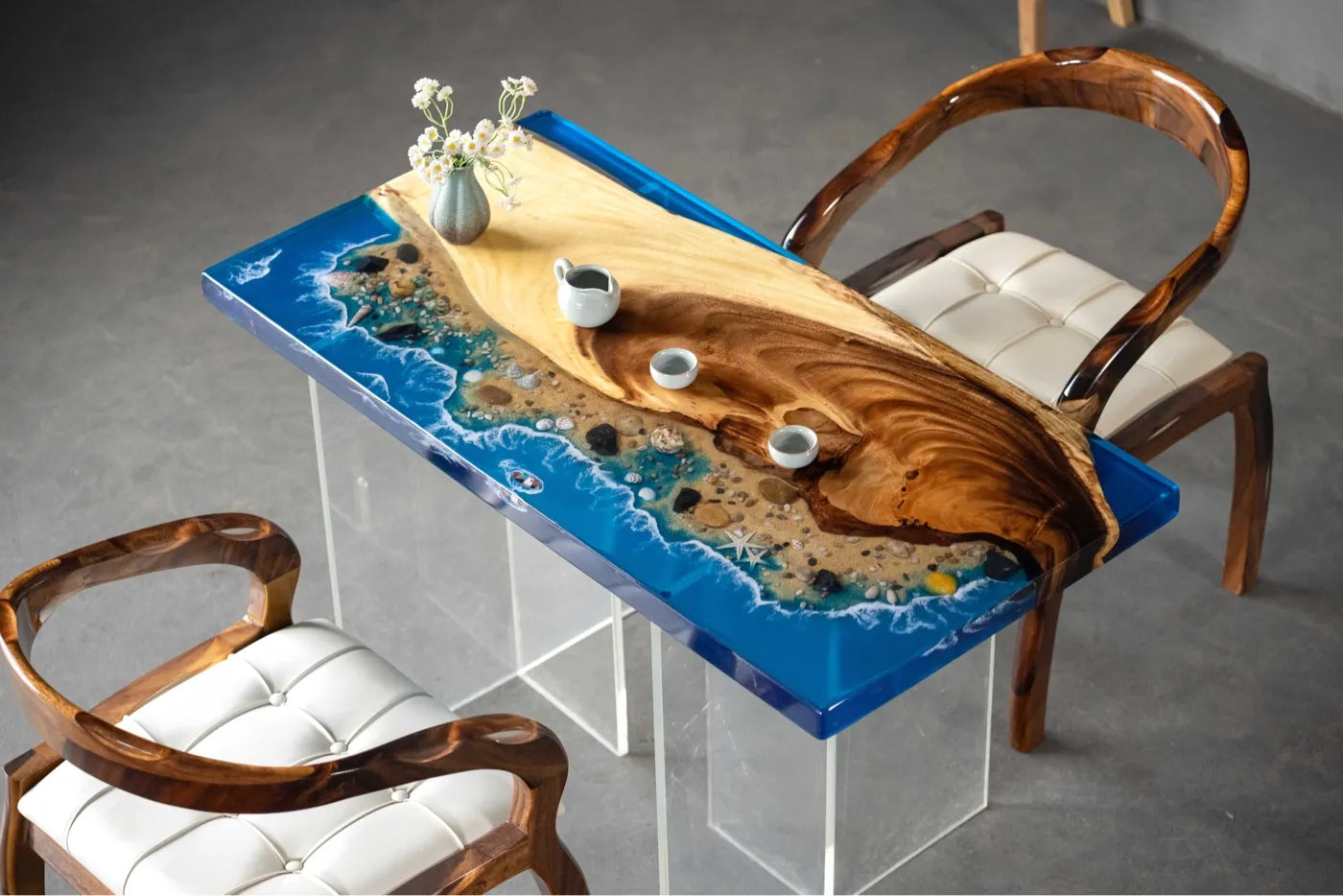 Luxury Walnut Wood & Ocean Beach Resin Coffee Table - 120cm Handcrafted Live Edge Epoxy Desk for Compact Living Room & Studio