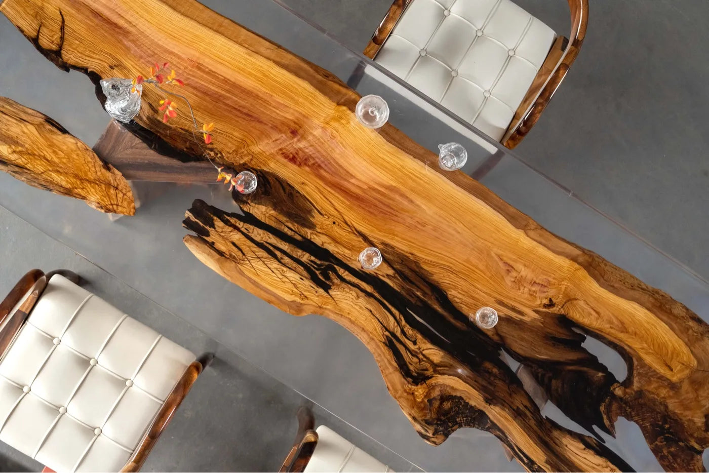 Olive Wood & Clear Resin Live Edge Dining Table - Luxury Epoxy Resin River Table