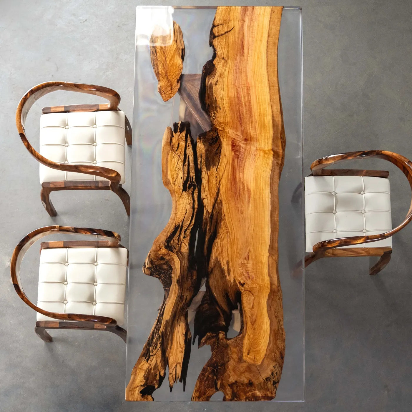 Olive Wood & Clear Resin Live Edge Dining Table - Luxury Epoxy Resin River Table