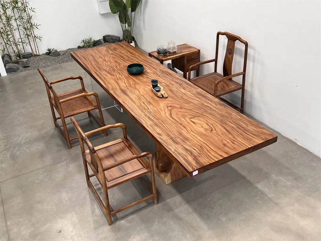 Premium Solid Wood Slab Table 313x88cm | Zebra Wood Large Dining Table, Meeting Desk & Tea Table