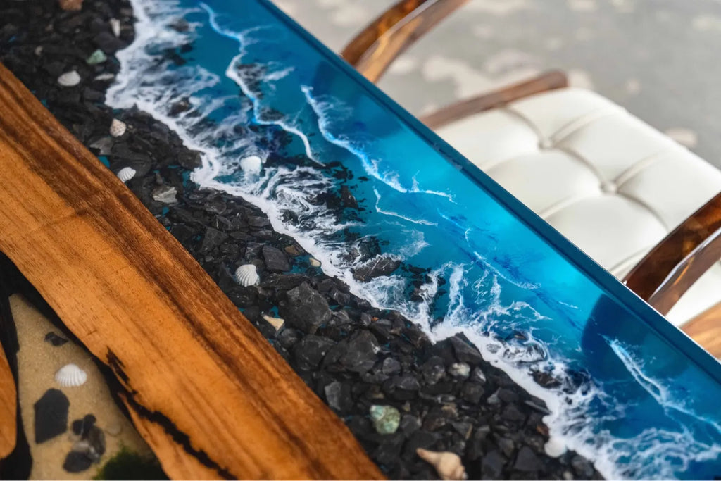 "Ocean Wave" River Tabletop: Solid Wood Slab Tea Table (Live-Edge Epoxy Resin Design) — Suitable for Dining or Coffee Tables