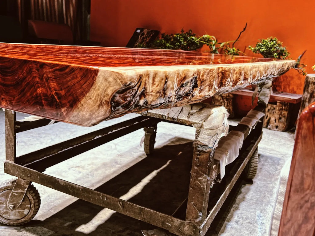 Luxury Figured Bubinga Live Edge Slab Tabletop - Rare Wave Grain Solid Wood (Top Only)