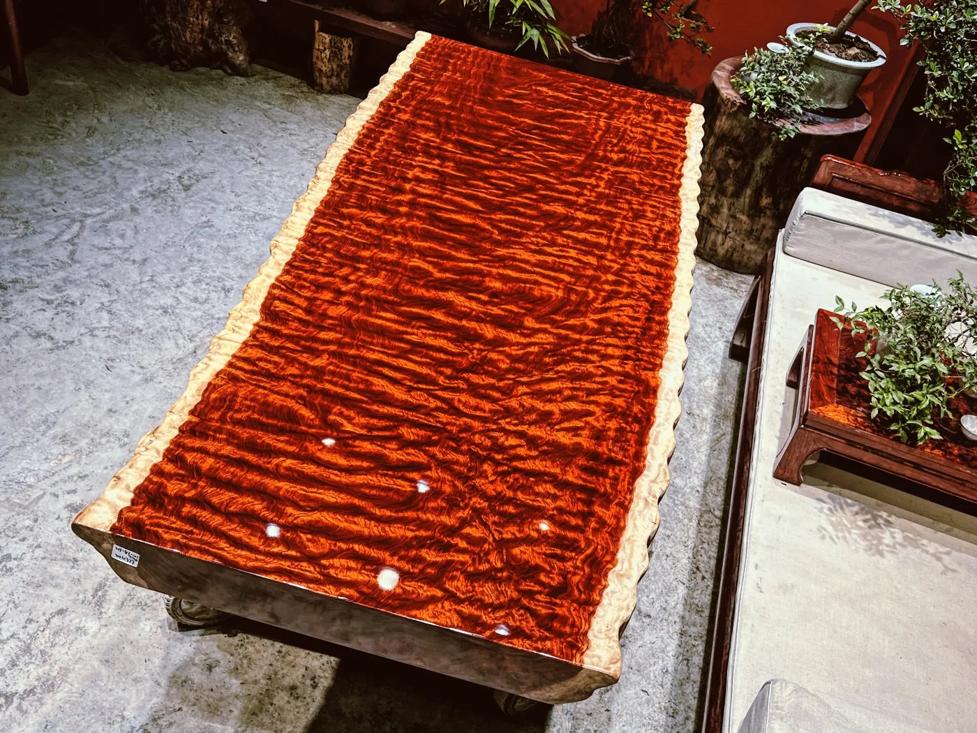 Luxury Figured Bubinga Live Edge Slab Tabletop - Rare Wave Grain Solid Wood (Top Only)