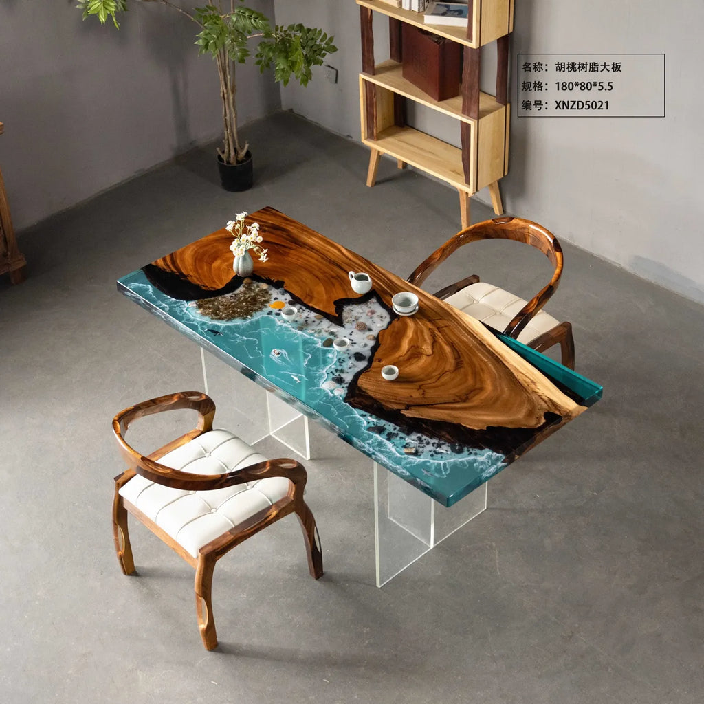 180cm Walnut Epoxy River Table | Blue Ocean Wave Resin Office Desk & 4-6 Seater Dining Table