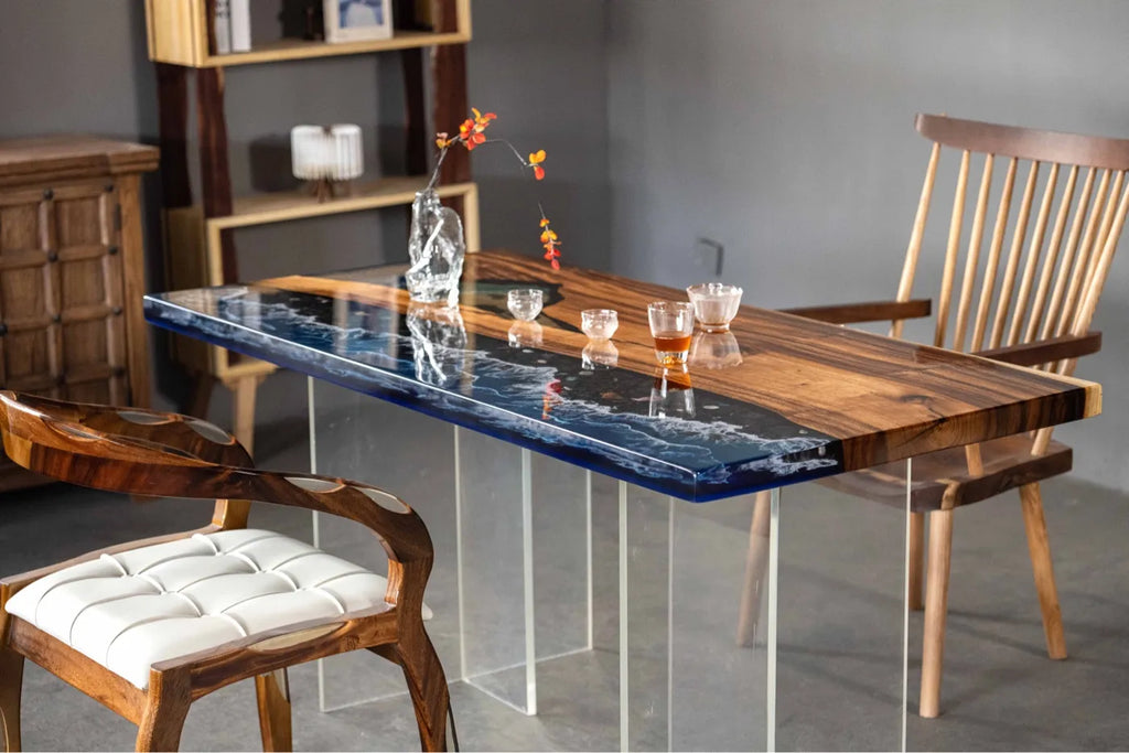 "Ocean Wave" River Tabletop: Solid Wood Slab Tea Table (Live-Edge Epoxy Resin Design) — Suitable for Dining or Coffee Tables