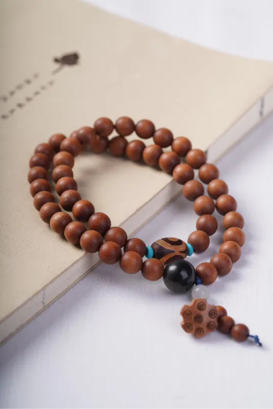 Sandalwood Mala Bracelet 36 Beads | Dzi Bead & Lotus Pod Charm | Wisdom, Protection & Blessing