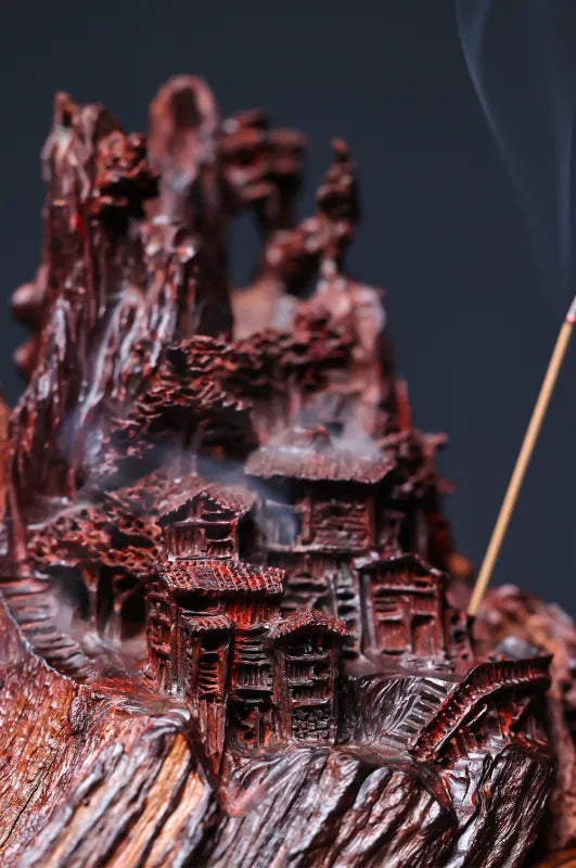 Hand-Carved Indian Pterocarpus Santalinus Coil Incense Burner — Mountain Village Scene