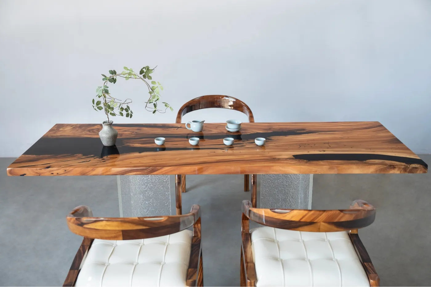 Artisan Walnut & Black Resin River Dining Table - 210cm Live Edge Solid Wood Conference Table