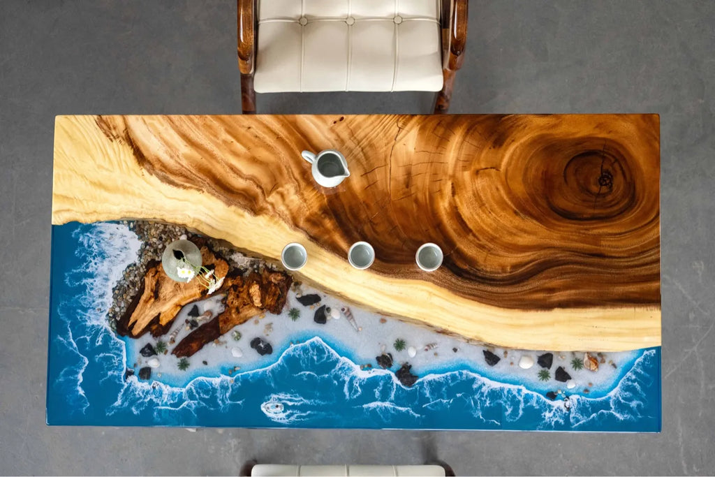 Solid wood furniture featuring an epoxy resin "river" design and ocean wave effects—suitable for use as a tea table, dining table, or coffee table.
