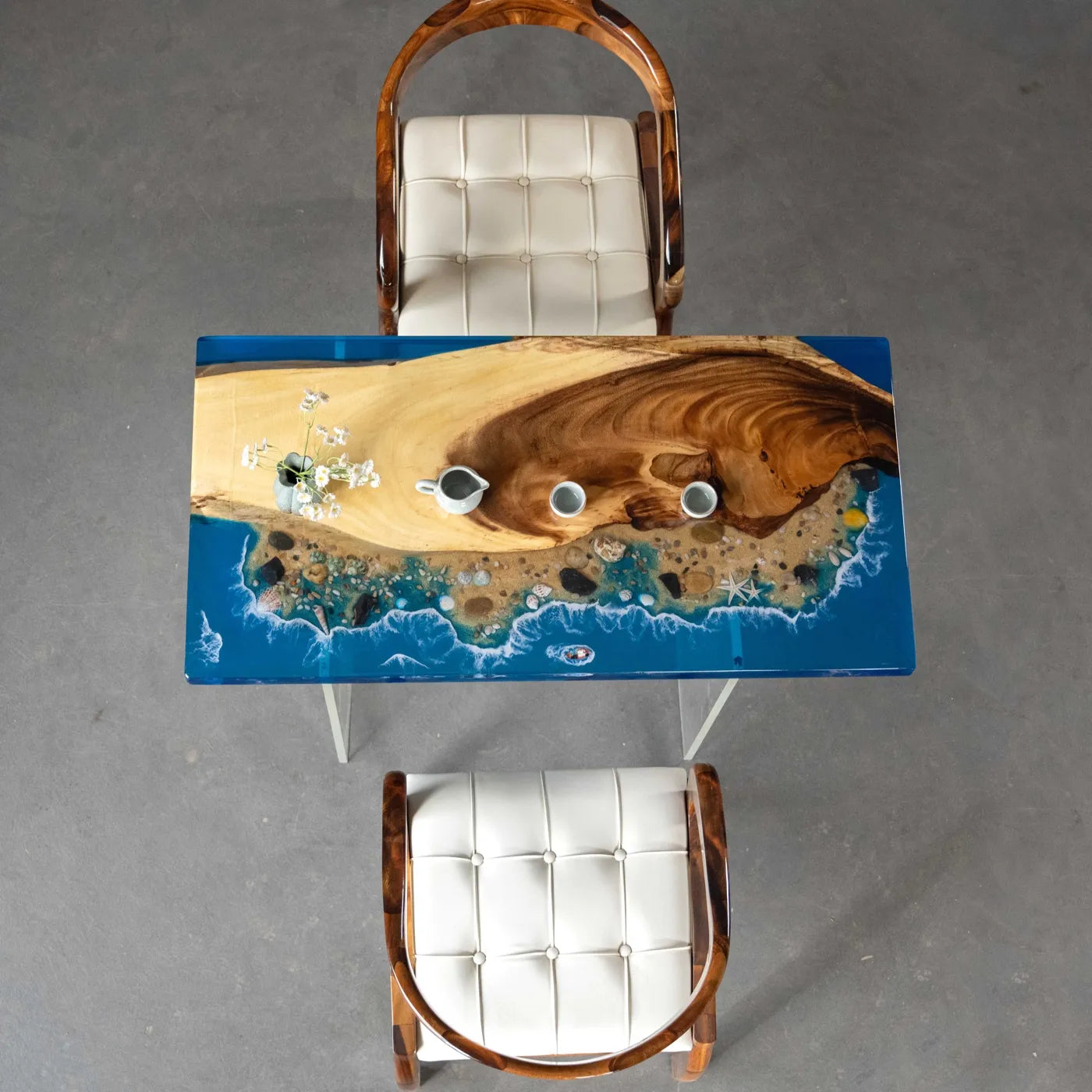 Luxury Walnut Wood & Ocean Beach Resin Coffee Table - 120cm Handcrafted Live Edge Epoxy Desk for Compact Living Room & Studio