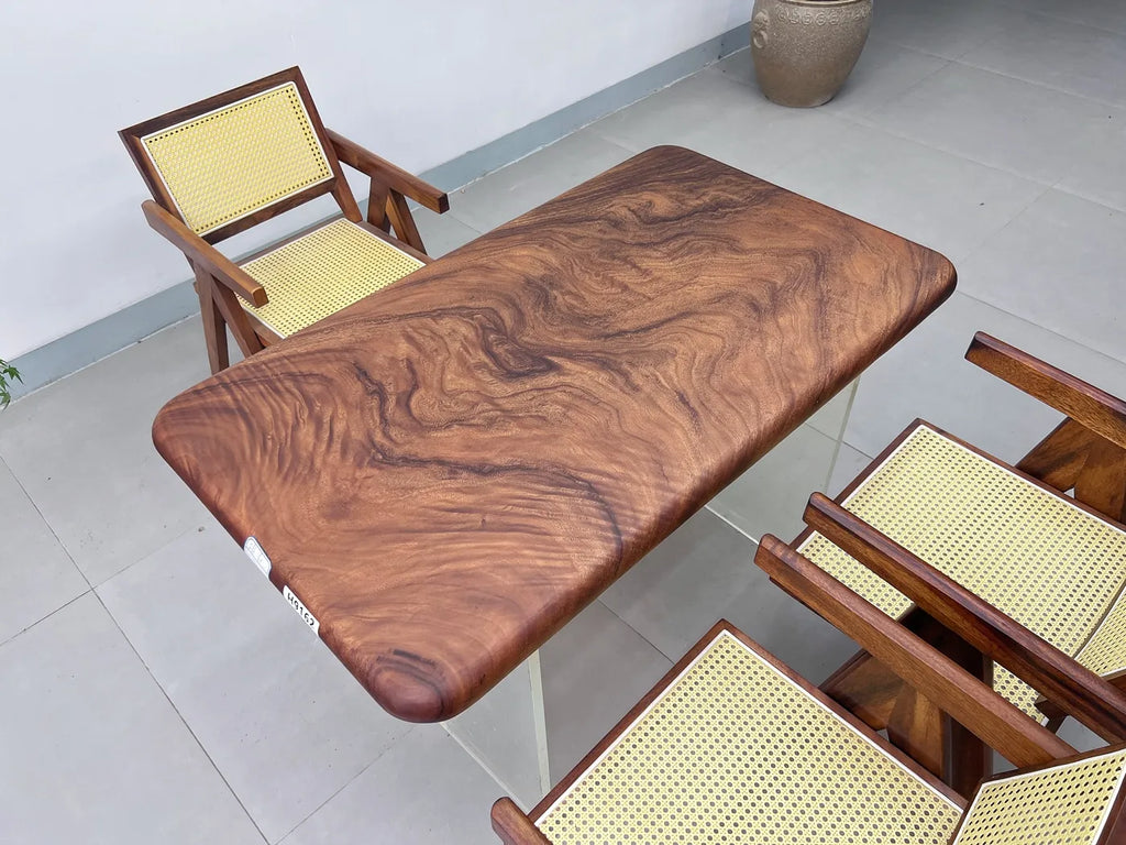 Pebble Live Edge Suar Wood Slab Table | Handcrafted South American Walnut Dining Table & Luxury Desk | Free Stainless Steel Legs Included (123x72x6cm)