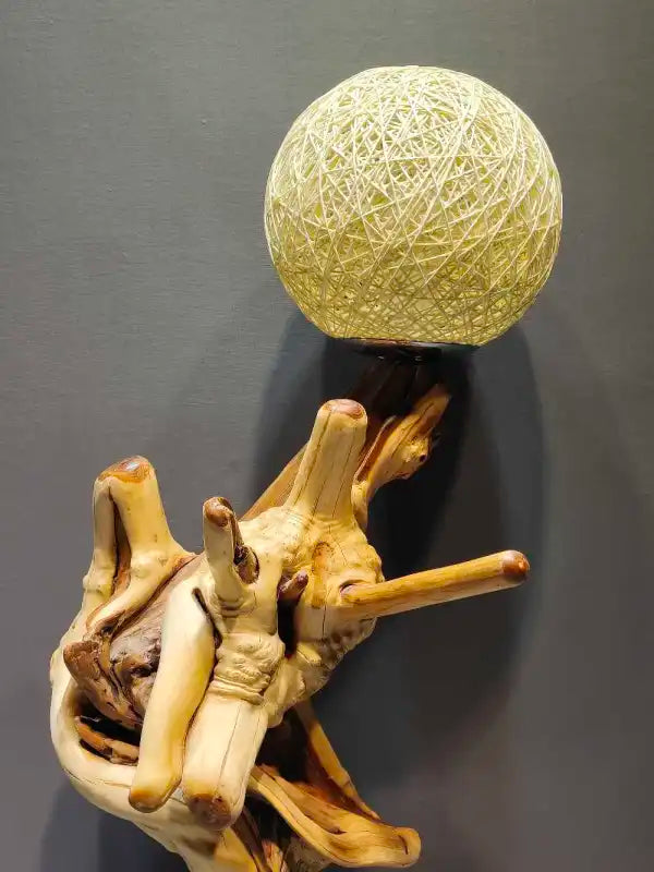 Cliff cypress natural root table lamp full view with rattan globe shade