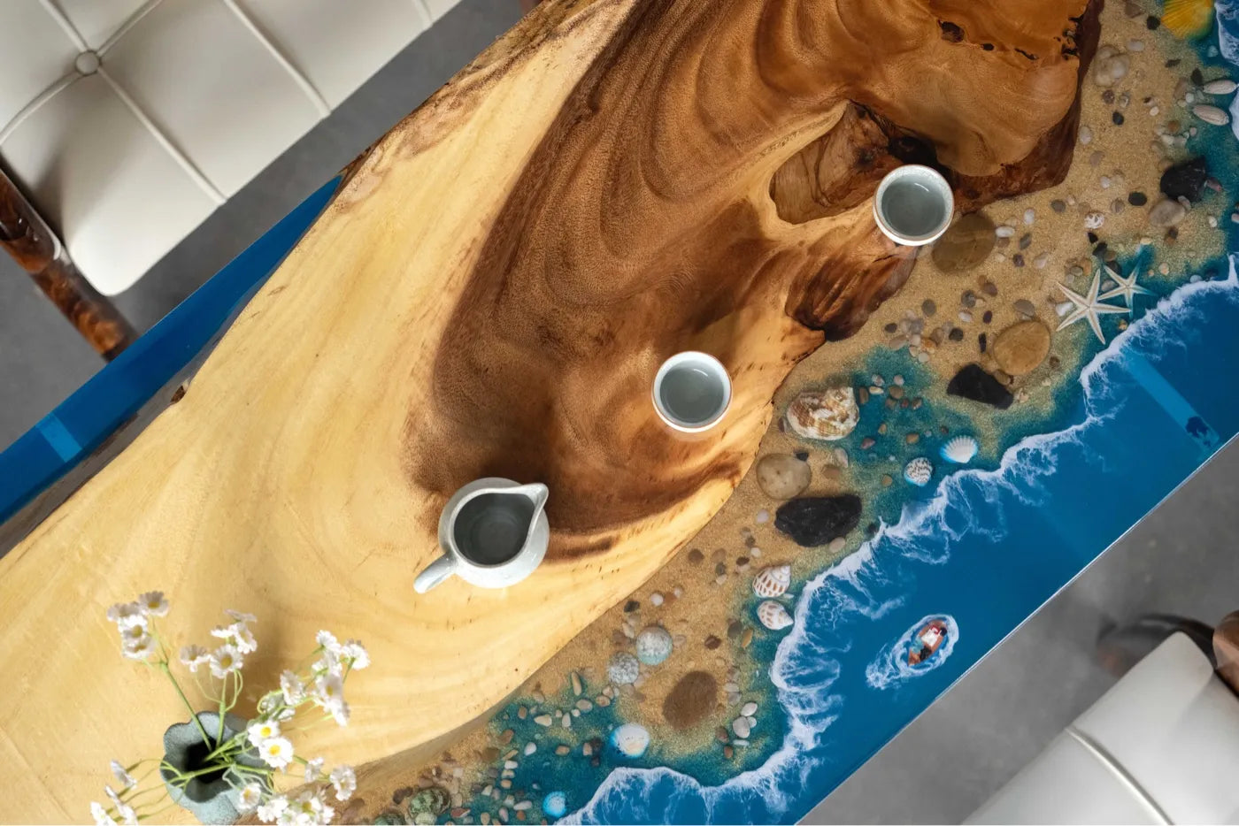 Luxury Walnut Wood & Ocean Beach Resin Coffee Table - 120cm Handcrafted Live Edge Epoxy Desk for Compact Living Room & Studio