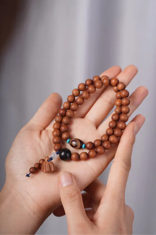 Sandalwood Mala Bracelet 36 Beads | Dzi Bead & Lotus Pod Charm | Wisdom, Protection & Blessing