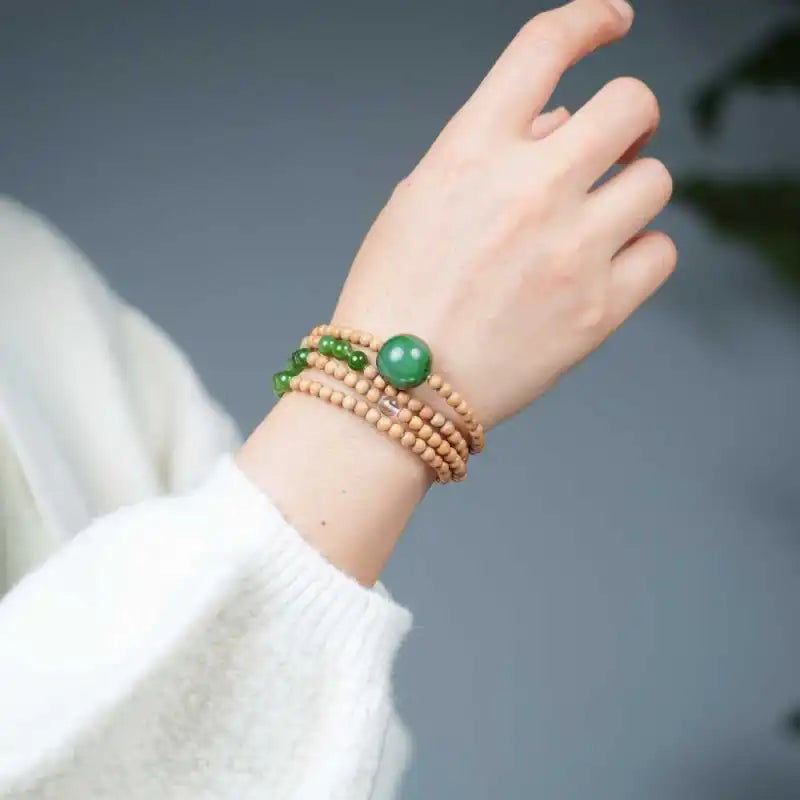 【Original】India Old Mountain Sandalwood Multi-Wrap Bracelet | Hetian Jade & White Crystal 0.4cm