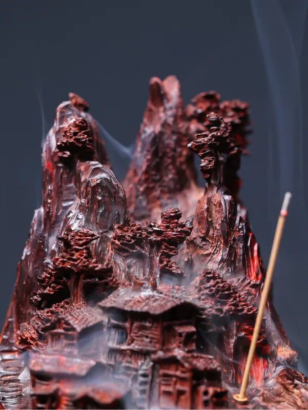 Hand-Carved Indian Pterocarpus Santalinus Coil Incense Burner — Mountain Village Scene