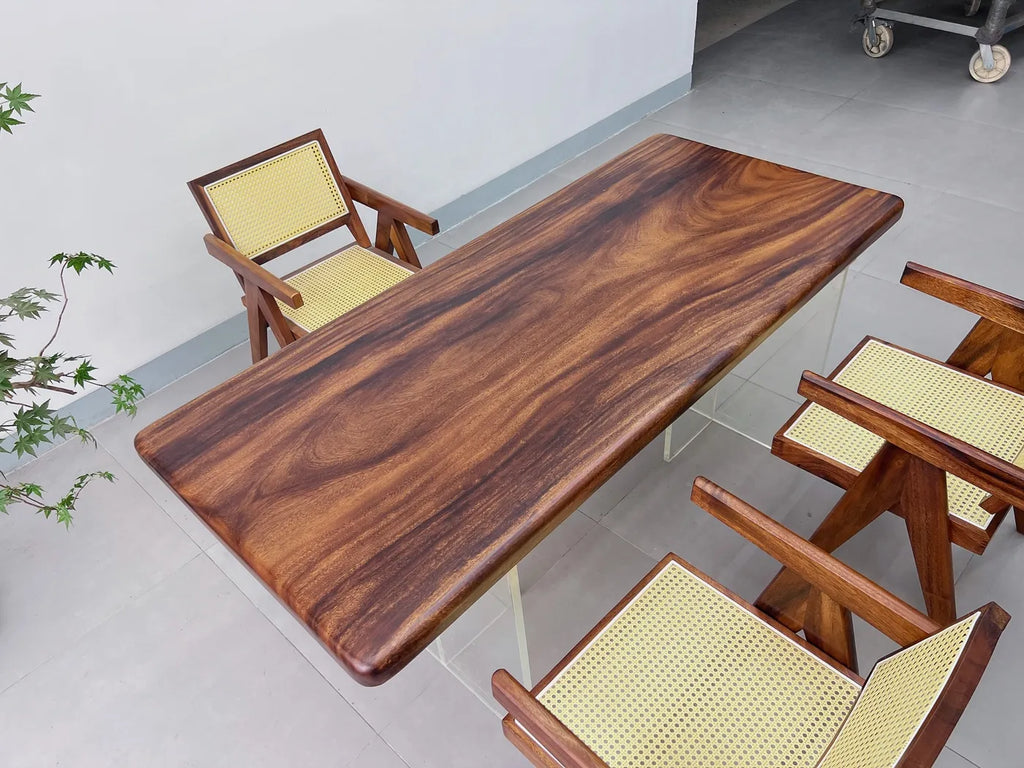 Luxury Pebble Live Edge Suar Wood Dining Table | Handcrafted South American Walnut Slab with Floating Acrylic Legs | Modern Executive Desk (170x75x6cm)
