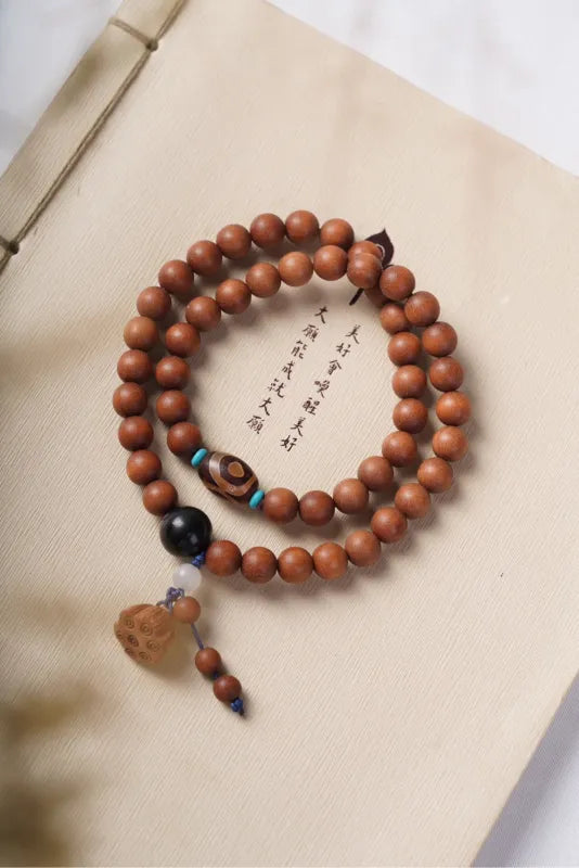 Sandalwood Mala Bracelet 36 Beads | Dzi Bead & Lotus Pod Charm | Wisdom, Protection & Blessing