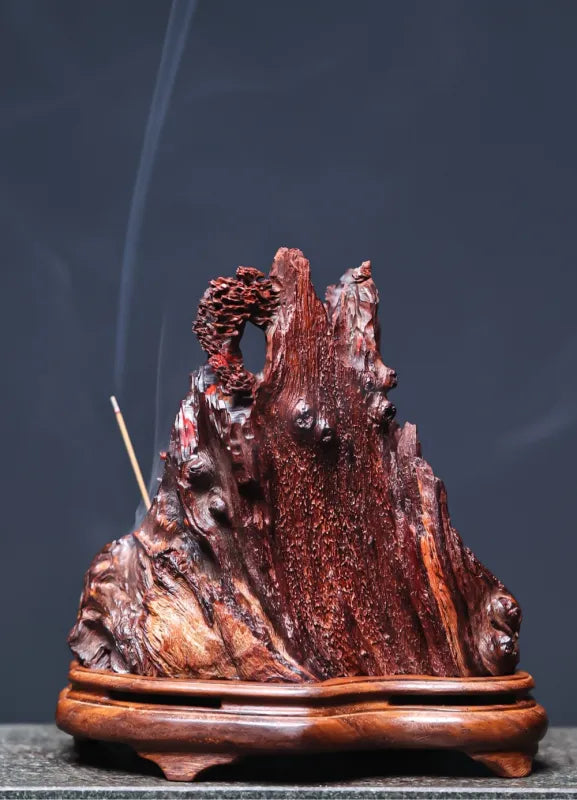Hand-Carved Indian Pterocarpus Santalinus Coil Incense Burner — Mountain Village Scene