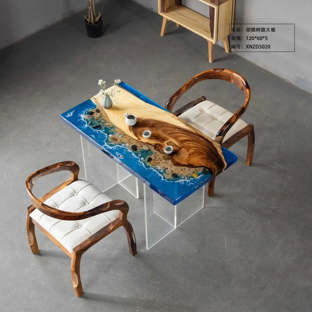 Luxury Walnut Wood & Ocean Beach Resin Coffee Table - 120cm Handcrafted Live Edge Epoxy Desk for Compact Living Room & Studio