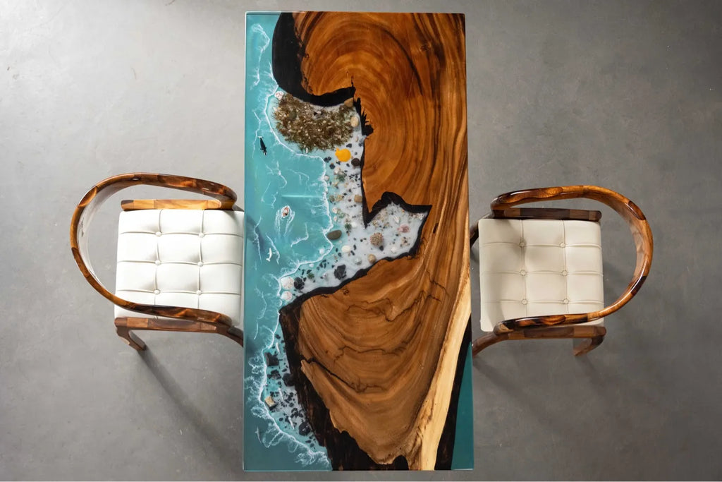180cm Walnut Epoxy River Table | Blue Ocean Wave Resin Office Desk & 4-6 Seater Dining Table