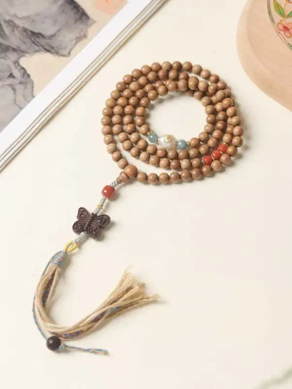 Old Mountain Sandalwood Mala Necklace | Agate, Jade & Pearl with Zitan Butterfly Pendant