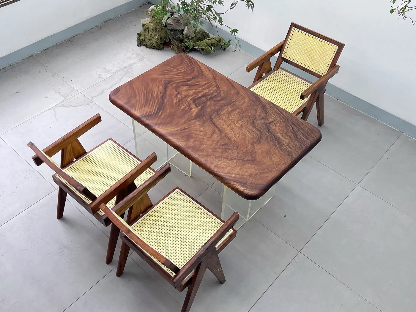 Pebble Live Edge Suar Wood Slab Table | Handcrafted South American Walnut Dining Table & Luxury Desk | Free Stainless Steel Legs Included (123x72x6cm)