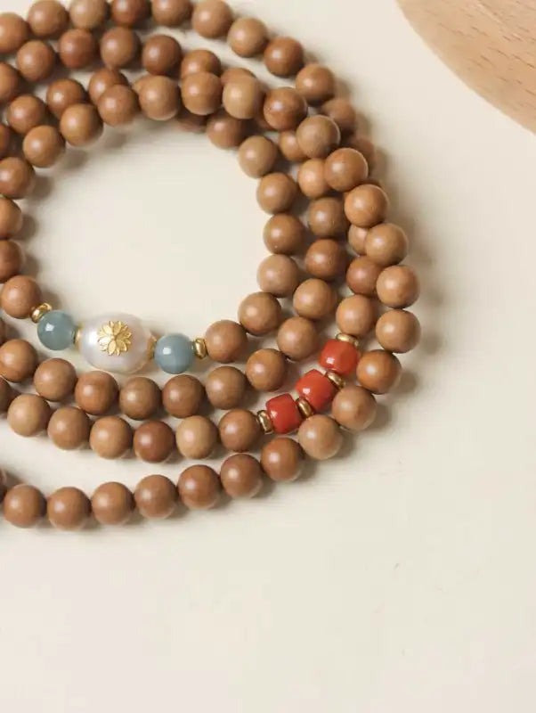 Old Mountain Sandalwood Mala Necklace | Agate, Jade & Pearl with Zitan Butterfly Pendant