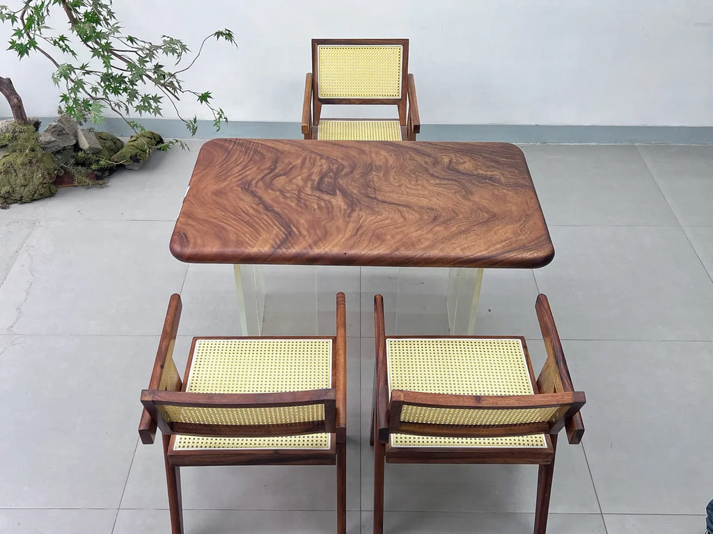Pebble Live Edge Suar Wood Slab Table | Handcrafted South American Walnut Dining Table & Luxury Desk | Free Stainless Steel Legs Included (123x72x6cm)