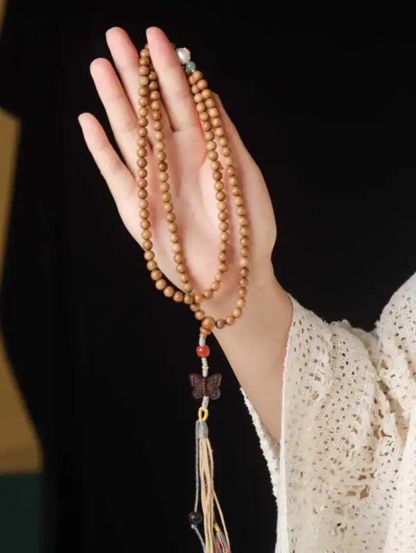 Old Mountain Sandalwood Mala Necklace | Agate, Jade & Pearl with Zitan Butterfly Pendant