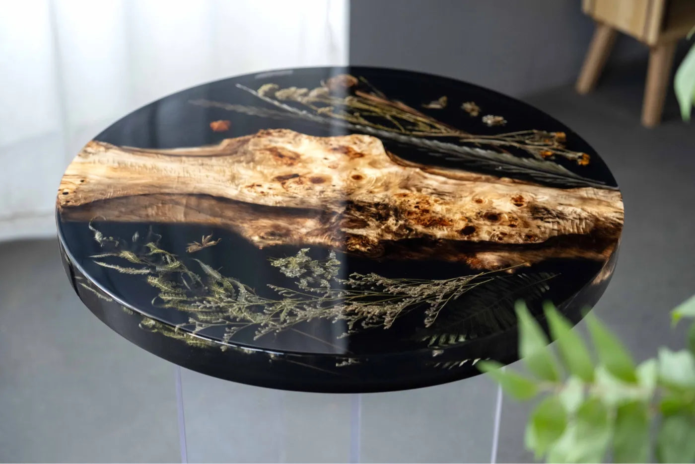 Round Epoxy Resin Coffee Table | Burl Wood & Dried Flower Art Side Table Top