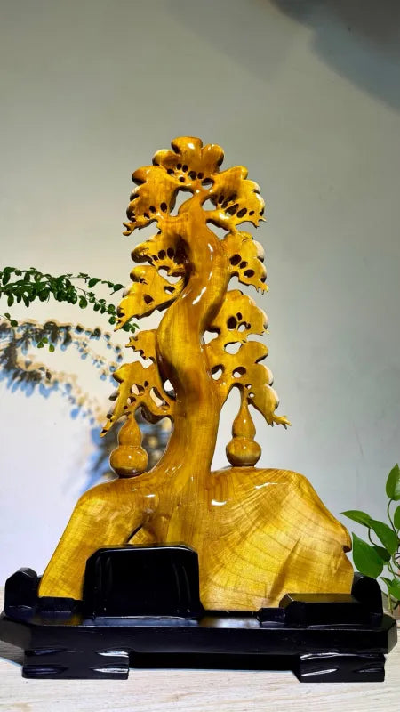 Hand-Carved Golden Silk Nanmu Fortune Tree — Large Luxury Prosperity Sculpture 54×28×82cm